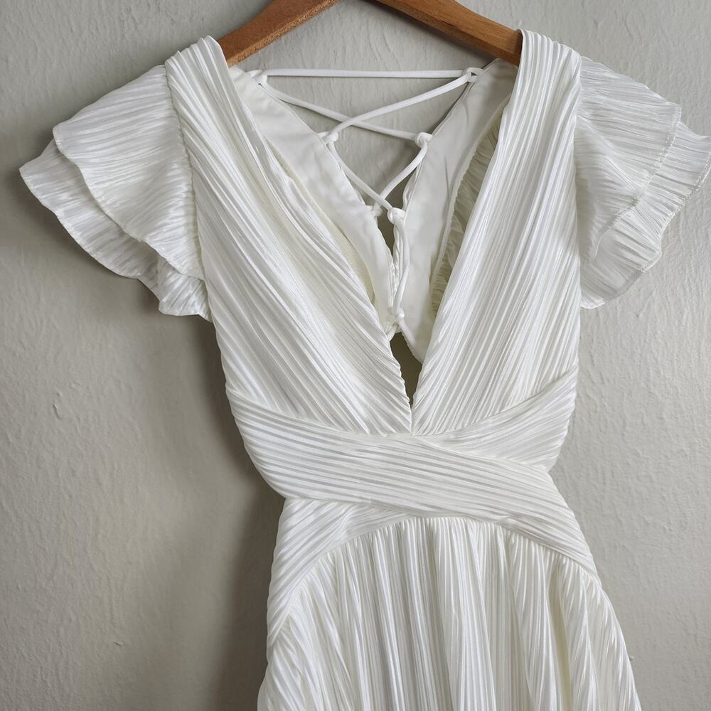Lulus Captivating Delight White Plisse Satin Mini Dress - Lace-Up Bridal NWT M - Picture 7 of 14
